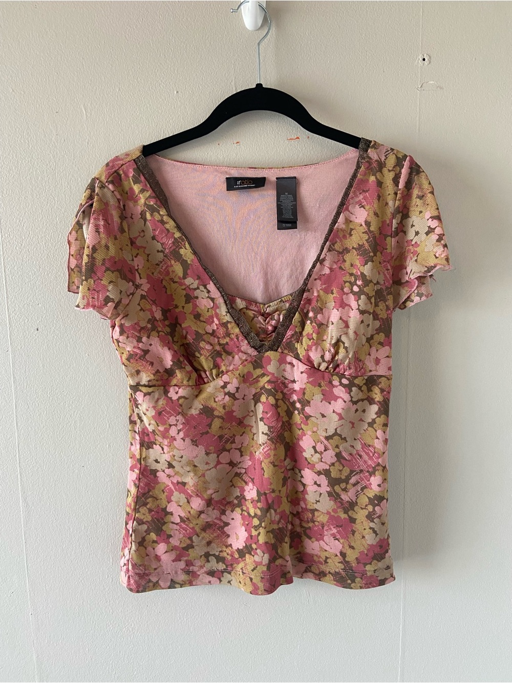 Y2k floral dainty babydoll top brown lace trim vintage medium preppy pink